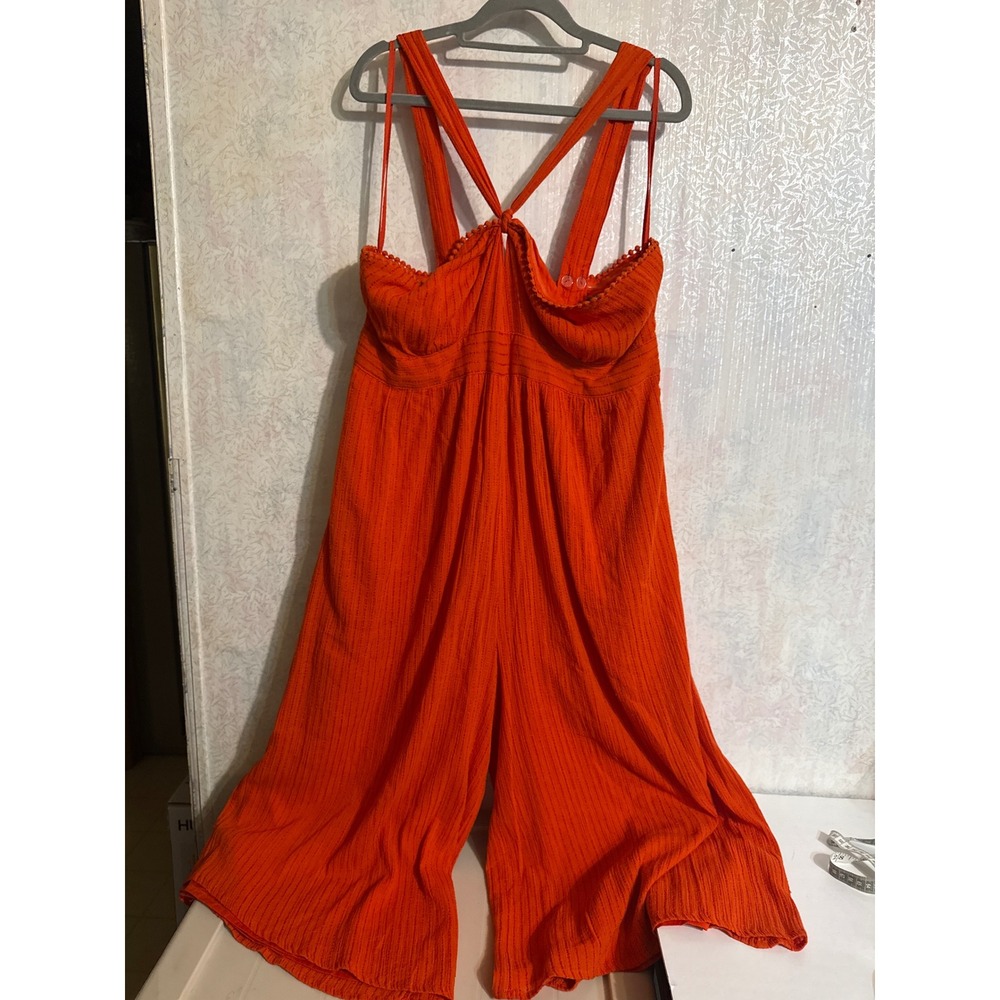 Maeve Anthropologie Orange Wide Leg Smocked Jumpsuit Pom Pom Trim Size 14